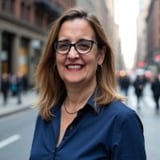 Woman with long brown hair and glasses smiling at camera on busy city street